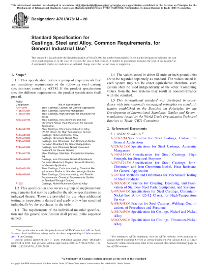 ASTM A781/A781M-2020 Standard Specification for Castings, Steel and Alloy, Common Requirements, for General Industrial Use