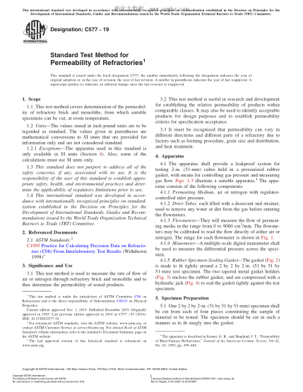 ASTM C577-2019 Standard Test Method for Permeability of Refractories