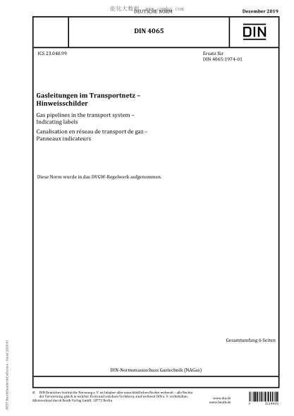 DIN 4065-2019 Gas pipelines in the transport system – Indicating labels