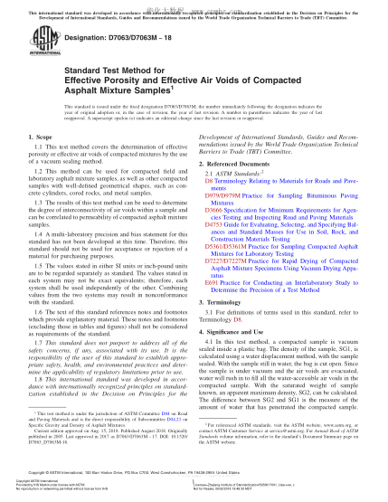 ASTM D7063/D7063M-2018 Standard Test Method for Effective Porosity and Effective Air Voids of Compacted Asphalt Mixture Samples