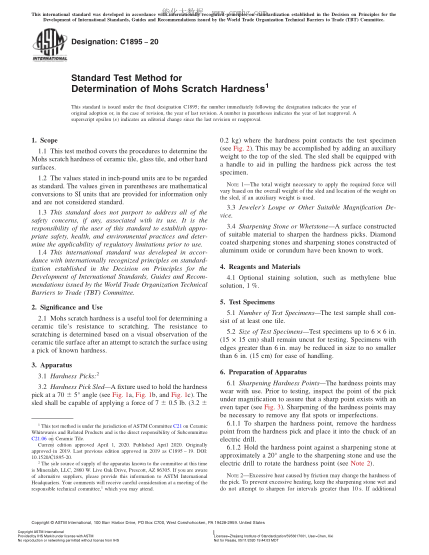 ASTM C1895-2020 Standard Test Method for Determination of Mohs Scratch Hardness