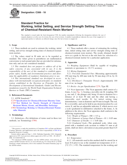ASTM C308-2018 Standard Practice for Working, Initial Setting, and Service Strength Setting Times of Chemical-Resistant Resin Mortars
