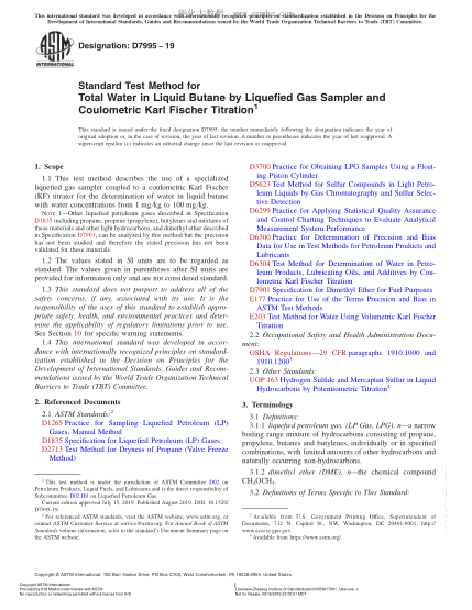 ASTM D7995-2019 Standard Test Method for Total Water in Liquid Butane by Liquefied Gas Sampler and Coulometric Karl Fischer Titration