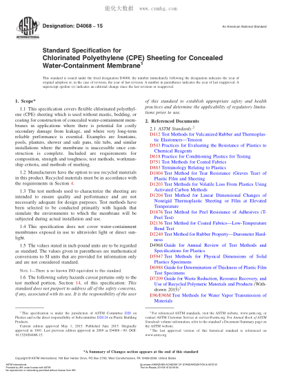 ASTM D4068-2015 隱藏水封膜用氯化聚乙烯薄板的規格 Standard Specification For Chlorinated Polyethylene (Cpe) Sheeting For Concealed Water-Containment Membrane