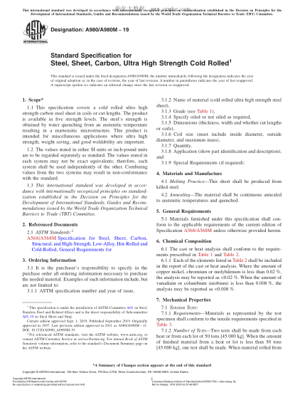 ASTM A980/A980M-2019 超高強度冷軋碳素鋼薄板規格 Standard Specification for Steel, Sheet, Carbon, Ultra High Strength Cold Rolled