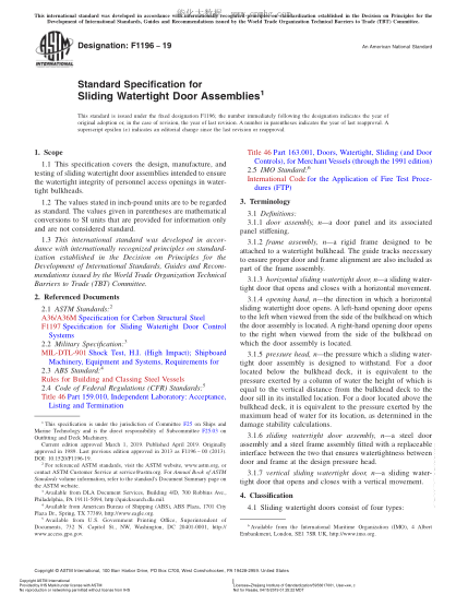 ASTM F1196-2019 Standard Specification for Sliding Watertight Door Assemblies