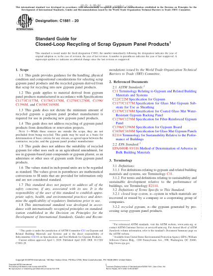 ASTM C1881-2020 Standard Guide for Closed-Loop Recycling of Scrap Gypsum Panel Products