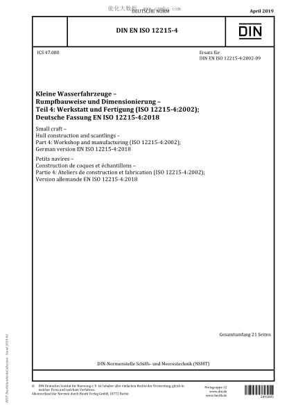 DIN EN ISO 12215-4-2019 Small craft - Hull construction and scantlings - Part 4: Workshop and manufacturing