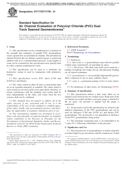 ASTM D7177/D7177M-2021 Standard Specification for Air Channel Evaluation of Polyvinyl Chloride (PVC) Dual Track Seamed Geomembranes