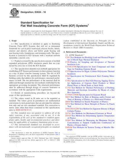 ASTM E2634-2018 Standard Specification for Flat Wall Insulating Concrete Form (ICF) Systems