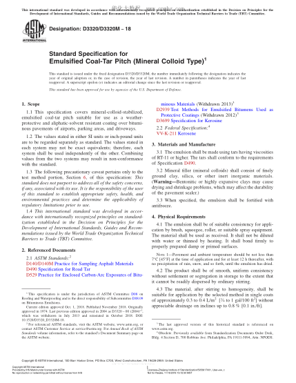 ASTM D3320/D3320M-2018 Standard Specification for Emulsified Coal-Tar Pitch (Mineral Colloid Type)