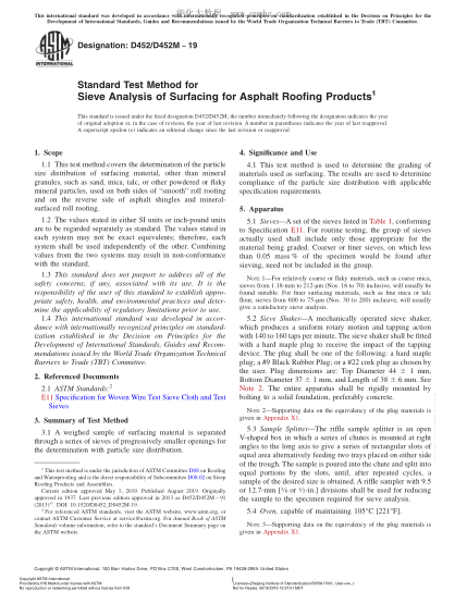 ASTM D452/D452M-2019 瀝青屋面制品鋪面篩分試驗方法 Standard Test Method for Sieve Analysis of Surfacing for Asphalt Roofing Products
