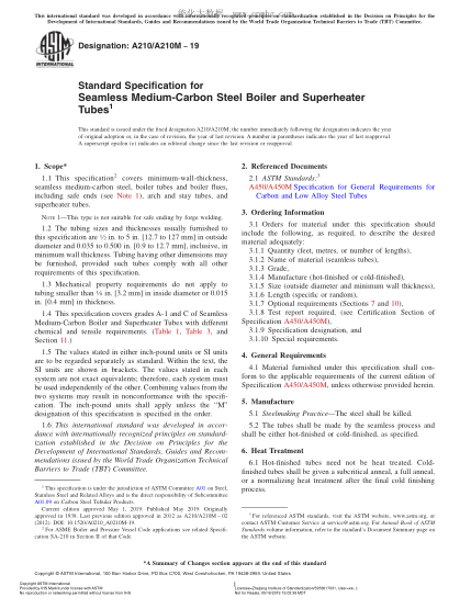 ASTM A210/A210M-2019 鍋爐和過(guò)熱器用無(wú)縫中碳鋼管的規格 Standard Specification for Seamless Medium-Carbon Steel Boiler and Superheater Tubes