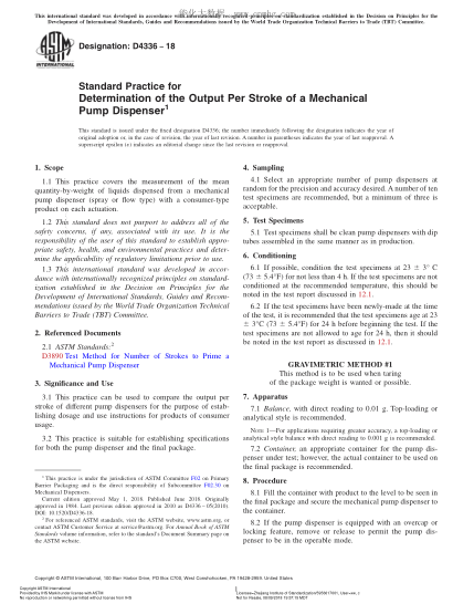 ASTM D4336-2018 Standard Practice for Determination of the Output Per Stroke of a Mechanical Pump Dispenser
