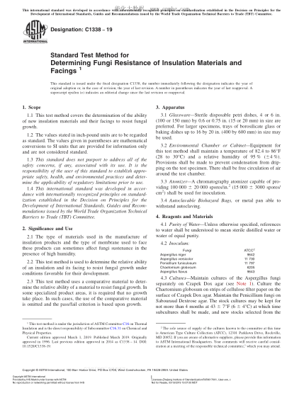 ASTM C1338-2019 測定絕緣材料和飾面抗真菌性的試驗方法 Standard Test Method for Determining Fungi Resistance of Insulation Materials and Facings