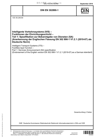 DIN EN 302890-1-2019 Intelligent Transport Systems (ITS) – Facilities layer function – Part 1: Services Announcement (SA) specification (Endorsement of the English version EN 302 8901 V1.2.1 (2019&