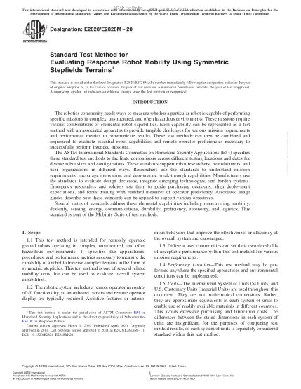 ASTM E2828/E2828M-2020 Standard Test Method for Evaluating Response Robot Mobility Using Symmetric Stepfields Terrains
