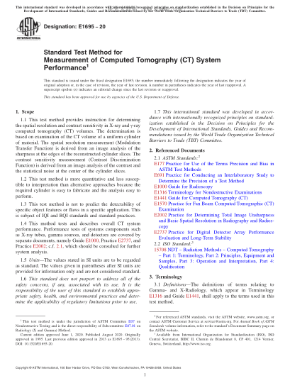 ASTM E1695-2020 Standard Test Method for Measurement of Computed Tomography (CT) System Performance