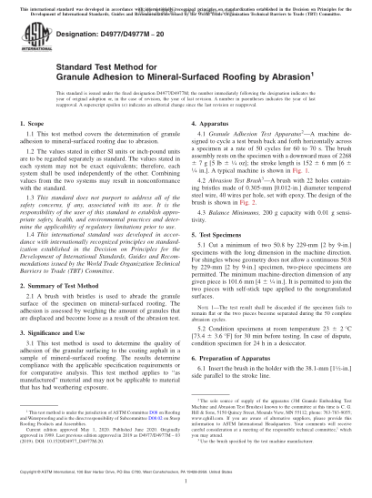 ASTM D4977/D4977M-2020 Standard Test Method for Granule Adhesion to Mineral-Surfaced Roofing by Abrasion