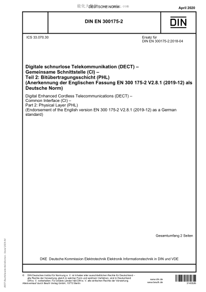 DIN EN 300175-2-2020 Digital Enhanced Cordless Telecommunications (DECT) - Common Interface (CI) - Part 2: Physical Layer (PHL) (Endorsement of the English version EN 300 175-2 V2.8.1 (2019-12) as a German standard)