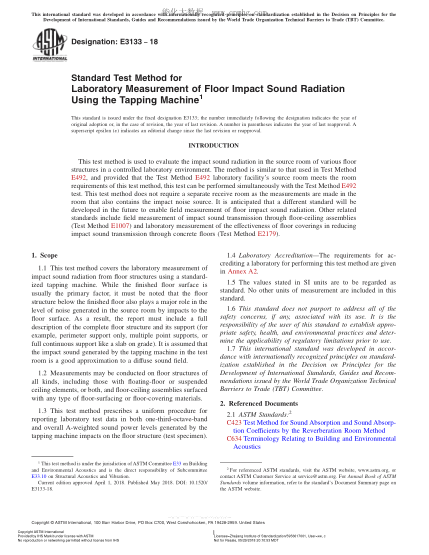 ASTM E3133-2018 Standard Test Method for Laboratory Measurement of Floor Impact Sound Radiation Using the Tapping Machine