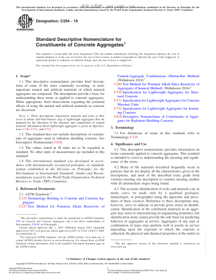 ASTM C294-2019 混凝土集料成分描述性名稱(chēng) Standard Descriptive Nomenclature for Constituents of Concrete Aggregates