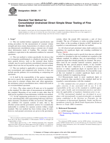 ASTM D6528-2017 測試固結不排水粘性土試樣直接剪力的試驗方法 Standard Test Method for Consolidated Undrained Direct Simple Shear Testing of Fine Grain Soils