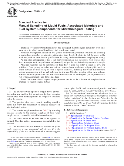 ASTM D7464-2020 Standard Practice for Manual Sampling of Liquid Fuels, Associated Materials and Fuel System Components for Microbiological Testing