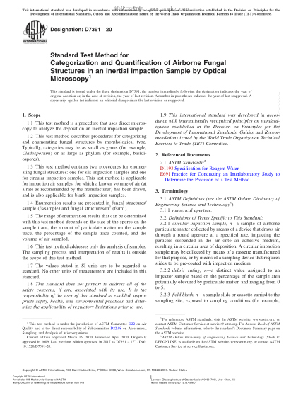 ASTM D7391-2020 Standard Test Method for Categorization and Quantification of Airborne Fungal Structures in an Inertial Impaction Sample by Optical Microscopy