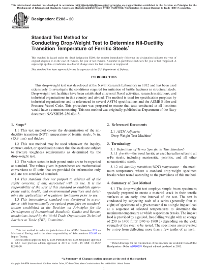 ASTM E208-2020 Standard Test Method for Conducting Drop-Weight Test to Determine Nil-Ductility Transition Temperature of Ferritic Steels