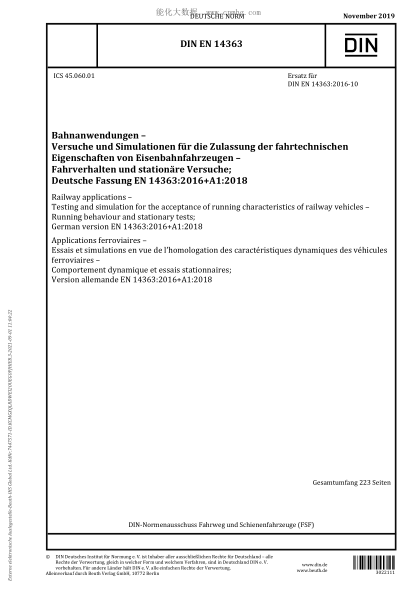 DIN EN 14363-2019 Railway applications - Testing and simulation for the acceptance of running characteristics of railway vehicles - Running behaviour and stationary tests