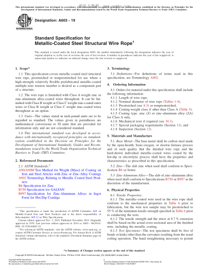 ASTM A603-2019 鍍鋅鋼絲結構繩規格 Standard Specification for Metallic-Coated Steel Structural Wire Rope