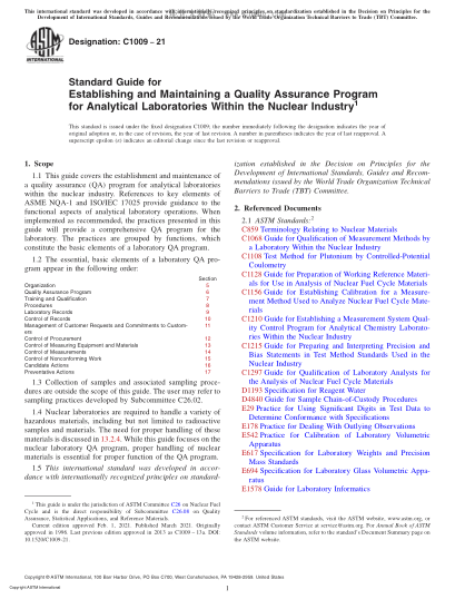 ASTM C1009-2021 Standard Guide for Establishing and Maintaining a Quality Assurance Program for Analytical Laboratories Within the Nuclear Industry