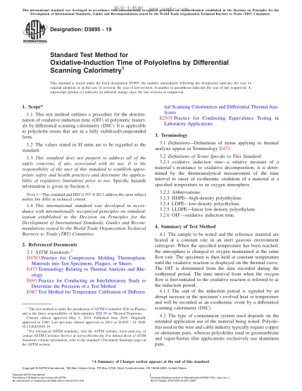 ASTM D3895-2019 Standard Test Method for Oxidative-Induction Time of Polyolefins by Differential Scanning Calorimetry