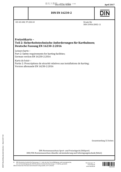 DIN EN 16230-2-2017 Leisure karts - Part 2: Safety requirements for karting facilities; German version EN 16230-2:2016