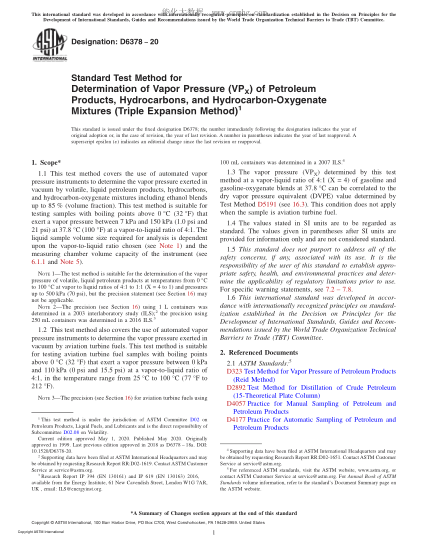 ASTM D6378-2020 Standard Test Method for Determination of Vapor Pressure (VPX) of Petroleum Products, Hydrocarbons, and Hydrocarbon-Oxygenate Mixtures (Triple Expansion Method)