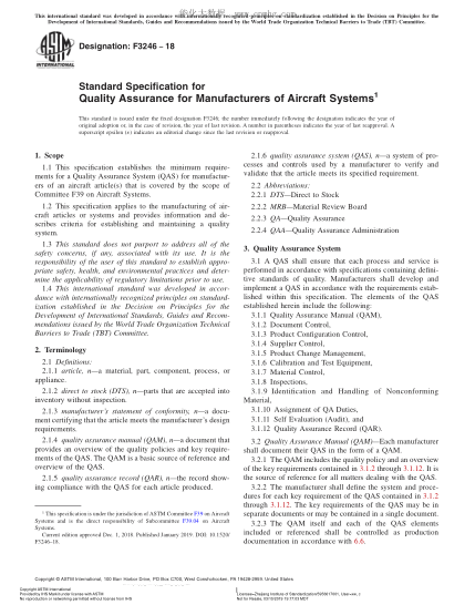 ASTM F3246-2018 飛行器系統制造商質(zhì)量保證規范 Standard Specification for Quality Assurance for Manufacturers of Aircraft Systems