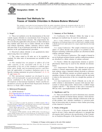 ASTM D2384-2019 Standard Test Methods for Traces of Volatile Chlorides in Butane-Butene Mixtures