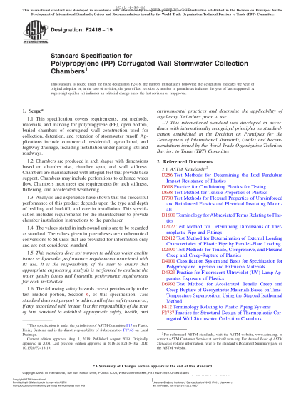 ASTM F2418-2019 Standard Specification for Polypropylene (PP) Corrugated Wall Stormwater Collection Chambers