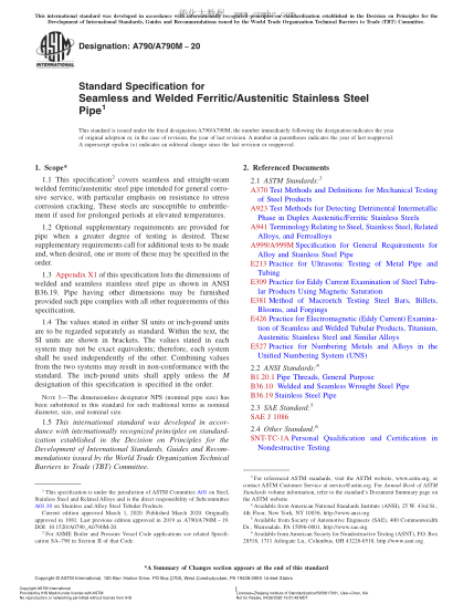 ASTM A790/A790M-2020 Standard Specification for Seamless and Welded Ferritic/Austenitic Stainless Steel Pipe