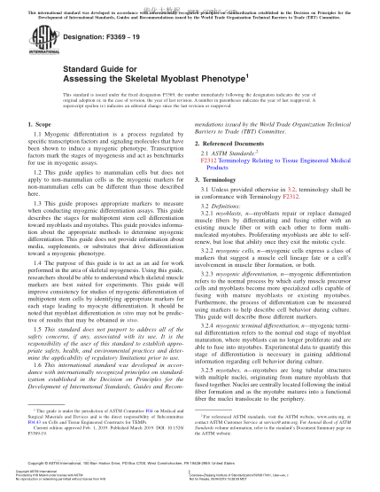 ASTM F3369-2019 Standard Guide for Assessing the Skeletal Myoblast Phenotype
