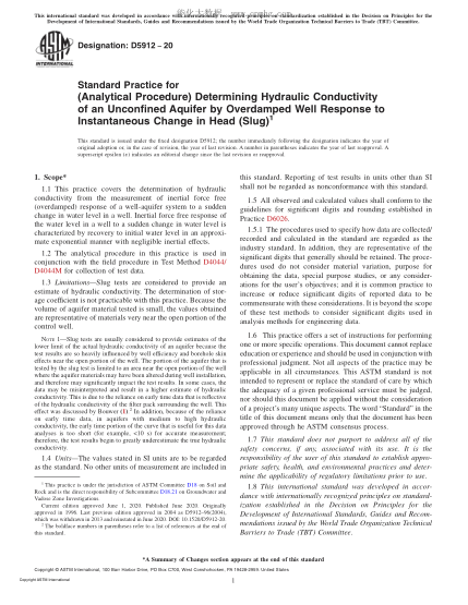 ASTM D5912-2020 Standard Practice for (Analytical Procedure) Determining Hydraulic Conductivity of an Unconfined Aquifer by Overdamped Well Response to Instantaneous Change in Head (Slug)