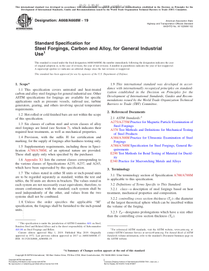 ASTM A668/A668M-2019 一般工業(yè)用碳素鋼和合金鋼鍛件規格 Standard Specification for Steel Forgings, Carbon and Alloy, for General Industrial Use