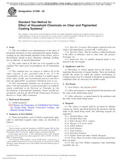 ASTM D1308-2020 Standard Test Method for Effect of Household Chemicals on Clear and Pigmented Coating Systems