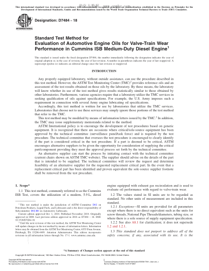 ASTM D7484-2018 Standard Test Method for Evaluation of Automotive Engine Oils for Valve-Train Wear Performance in Cummins ISB Medium-Duty Diesel Engine