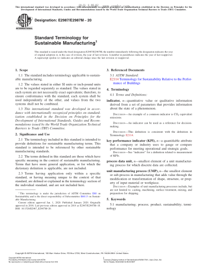 ASTM E2987/E2987M-2020 Standard Terminology for Sustainable Manufacturing