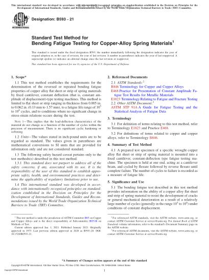 ASTM B593-2021 Standard Test Method for Bending Fatigue Testing for Copper-Alloy Spring Materials
