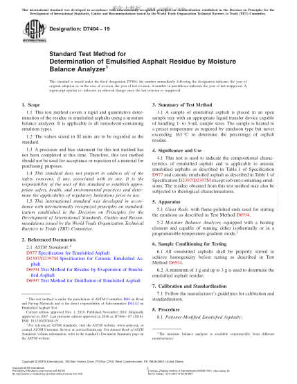 ASTM D7404-2019 Standard Test Method for Determination of Emulsified Asphalt Residue by Moisture Balance Analyzer