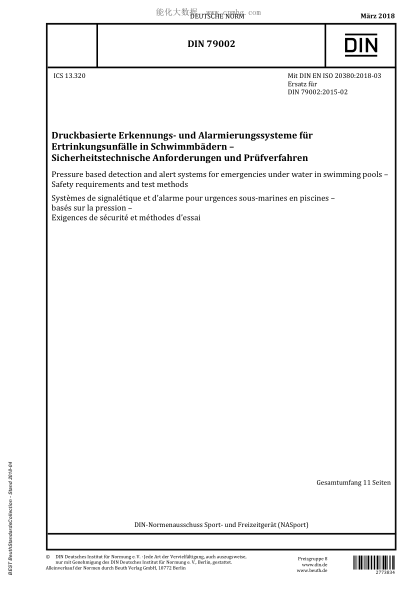 DIN 79002-2018 Pressure based detection and alert systems for emergencies under water in swimming pools - Safety requirements and test methods