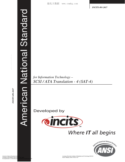 ANSI INCITS 491-2017 Information Technology - SCSI / ATA Translation - 4 (SAT-4)